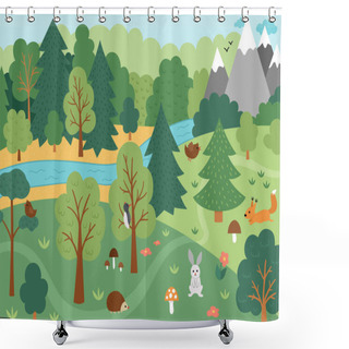 Personality  Vector Wild Forest Scene With Trees, Mountains, Animals, Birds. Spring Or Summer Woodland Scenery With Flowers, Plants, Mushrooms. Wild Nature Landscape Illustration Or Background. Shower Curtains