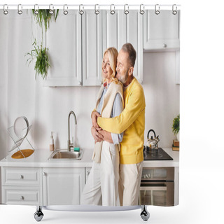 Personality  A Mature Man And Woman In Cozy Homewear Sharing A Loving Hug In A Cozy Kitchen Setting. Shower Curtains