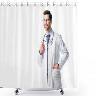 Personality  Handsome Doctor Wearing White Coat With Stethoscope Isolated On White Shower Curtains