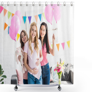 Personality  Multicultural Friends And Pregnant Woman Posing With Rabbit Toy At Baby-party Shower Curtains