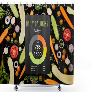 Personality  Top View Of Black Card With Daily Calories Illustration On Vegetable Pattern Isolated On Black Shower Curtains
