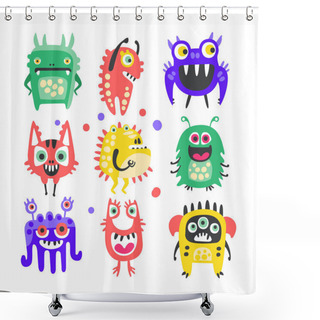 Personality  Friendly Cartoon Funny Monsters And Aliens Set. Colorful Collection Of Cute Monsters Illustration Shower Curtains