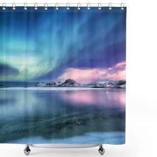 Personality  Aurora Borealis On The Lofoten Islands, Norway. Green Northern Lights Above Ocean. Night Sky With Polar Lights. Night Winter Landscape With Aurora And Reflection On The Water Surface. Norway-image Shower Curtains