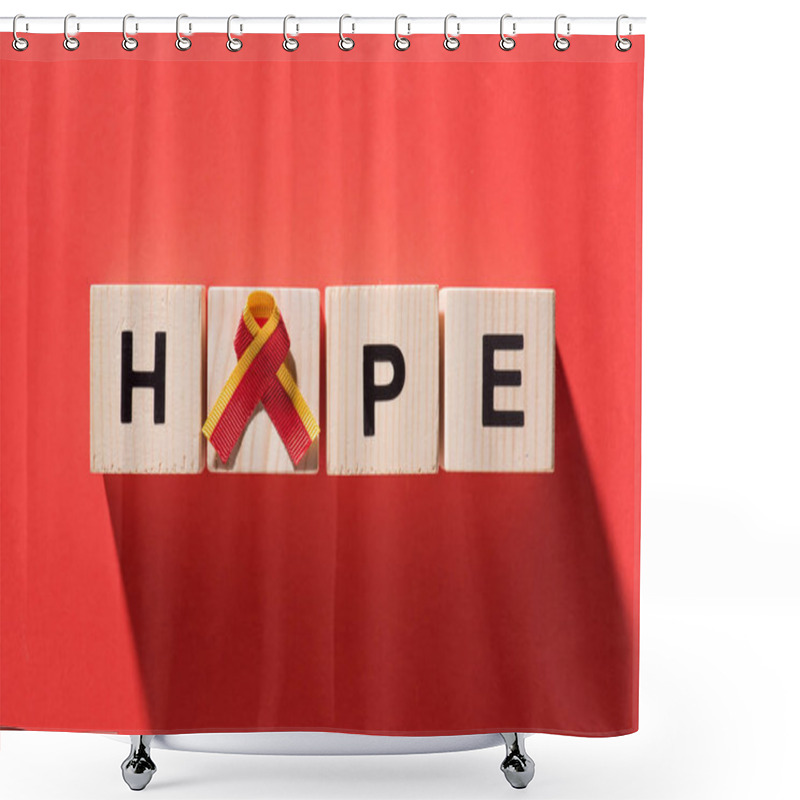 Personality  Top View Of Ribbon And Lettering Hope From Wooden Cubes On Red Background, World Hepatitis Day Concept Shower Curtains