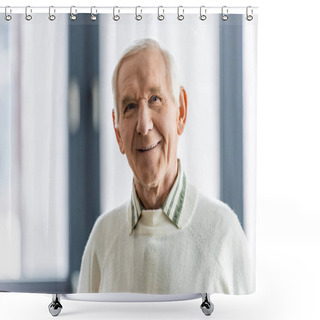 Personality  Close Up Portrait Of Smiling Senior Man Looking At Camera  Shower Curtains