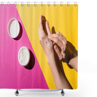 Personality  Cropped View Of Woman Applying Hand Cream On Pink And Yellow Shower Curtains
