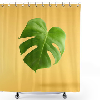 Personality  Beautiful Fresh Green Monstera Leaves Falling In The Air Isolated On Yellow Background Shower Curtains