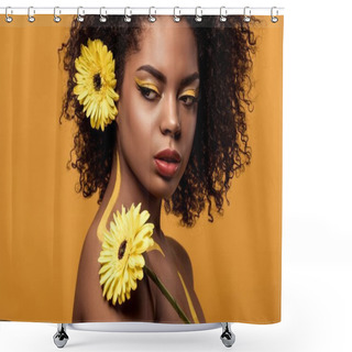 Personality  Young Bright African American Woman With Artistic Make-up And Gerbera In Hair Looking Away Isolated On Orange Background Shower Curtains