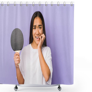 Personality  Young Indian Woman Playing Ping Pong Isolated Biting Fingernails, Nervous And Very Anxious. Shower Curtains