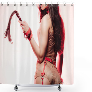 Personality  Cropped View Of Hot Brunette Young Woman In Red Swordbelt Holding Flogging Whip On Light Background Shower Curtains
