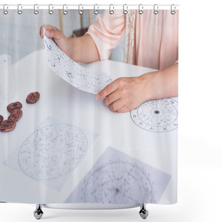 Personality  Cropped View Of Astrologer Holding Star Charts Near Clay Runes On Table Shower Curtains