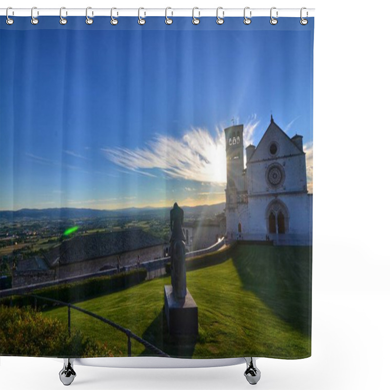 Personality  Front View Of The Basilica Of Saint Francis Of Assisi. Sunshine Spikes From Behind The Basilica, Coloring The Yellow Cloud 12 August 2016 19:35 Shower Curtains