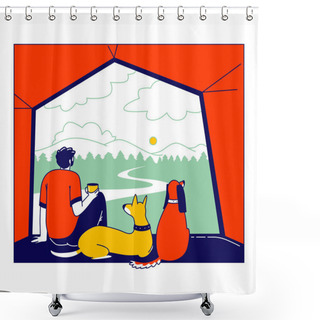 Personality  Male Character With Pets Cat And Dog Sit Inside Of Camping Tent Enjoying Drinking Coffee And Scenic Landscape View. Tourist Travel With Home Animals, Summer Vacation Hiking. Linear Vector Illustration Shower Curtains