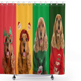 Personality  Cute Dogs In Christmas Sweaters And Party Glasses On Color Backgrounds Shower Curtains