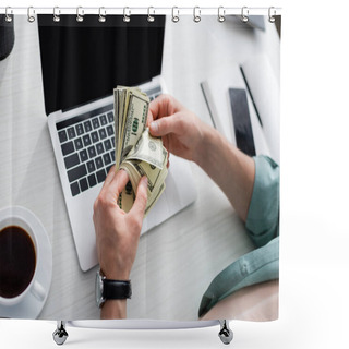 Personality  Cropped View Of Man Holding Dollar Banknotes Near Cup Of Coffee And Gadgets With Blank Screens On Table, Earning Online Concept Shower Curtains