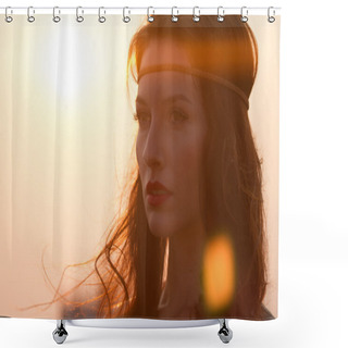 Personality  Portrait Of A Hippie Woman With Headband Looking Far Away At Sunset With Windy Hair. Shower Curtains