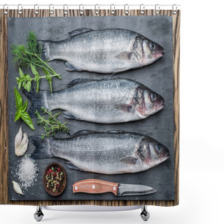 Personality  Seabass On A Graphite Board With Spices And Herbs. Shower Curtains