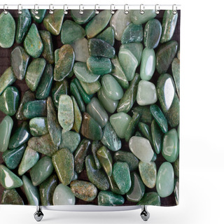 Personality  Macroshooting Of Natural Mineral Rock Specimen - Tumbled Green Aventurine Gemstone On Black Background Shower Curtains