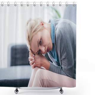 Personality  Selective Focus Of Upset Woman With Folded Hands Sitting At Home  Shower Curtains