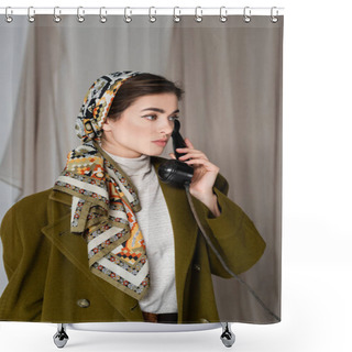 Personality  Stylish Woman In Patterned Headscarf Calling On Vintage Telephone On Grey Background With Drapery Shower Curtains