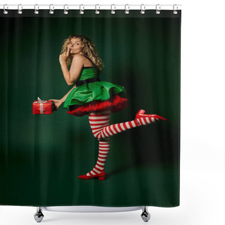 Personality  Secretive New Year Elf In Green Dress Holding Huge Present In Hands And Showing Silence Gesture Shower Curtains