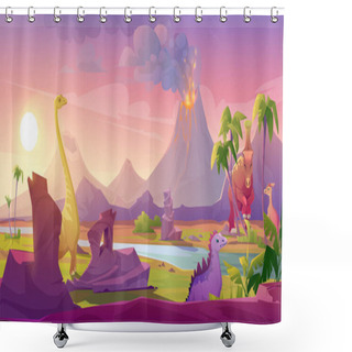 Personality  Dinosaurs At Erupting Volcano Tropical Landscape Shower Curtains