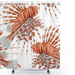 Personality  Beautiful Seamless Pattern With Watercolor Red Lionfish. Stock Illustration. Shower Curtains