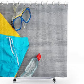 Personality  Swimming Set On Wooden Background Shower Curtains