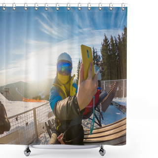 Personality  Woman In Ski Equipment Taking Selfie On Sunset In Snowed Mountains. Sport Lifestyle Shower Curtains