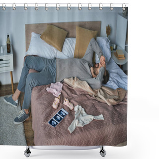 Personality  Grief, Depressed Man Lying On Bed Near Baby Clothes And Ultrasound Scan, Miscarriage Concept Shower Curtains