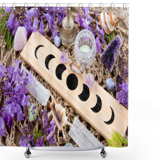 Personality  Witch Pagan Moon Phases Altar With Crystals Of Selenite And Amethyst, With Candle And Purple Flowers Shower Curtains