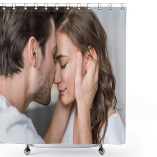 Personality  Close Up Of Happy Man Kissing Nose Of Girlfriend  Shower Curtains