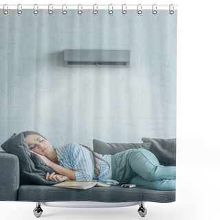 Personality  Woman Sleeping On Couch With Book And Air Conditioner Blowing On Her Shower Curtains