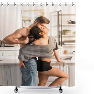 Personality  Selective Focus Of Man Pulling Hair Of Woman In Kitchen Shower Curtains