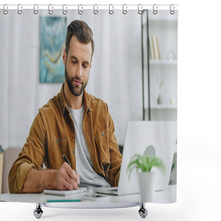 Personality  Handsome Man Writing In Notebook With Pen In Apartment  Shower Curtains