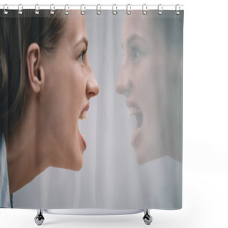 Personality  Stressed Woman Screaming At Reflection  Shower Curtains