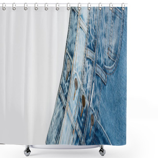 Personality  Flat Lay Of Various Blue Jeans Isolated On White, Top View, Banner Shower Curtains
