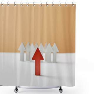 Personality  Selective Focus Of Red Arrow Figures With White Pointing On Table And Beige Background Shower Curtains