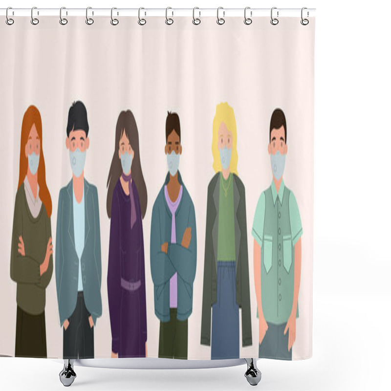 Personality  Vector With Interracial People In Medical Masks Standing On White, Coronavirus Concept  Shower Curtains