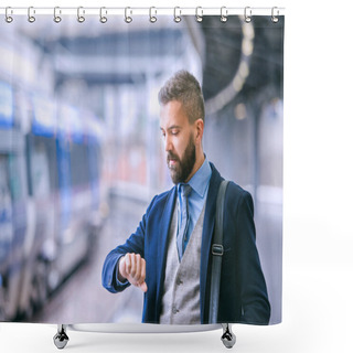 Personality  Hipster Businessman Waiting At Train Station Shower Curtains