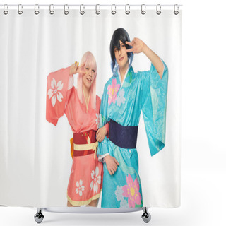 Personality  Vibrant Anime Style Couple In Kimonos Showing Victory Gesture And Looking At Camera On White Shower Curtains