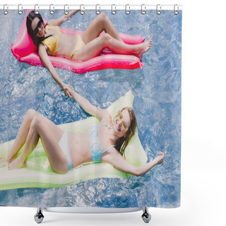 Personality  Overhead View Of Brunette And Blonde Girls Holding Hands While Lying On Pool Floats In Swimming Pool Shower Curtains