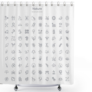 Personality  100 Nature Outline Icons Set Such As Mountain Colapse, Four Toe Footprint, Pine Tree On Fire, Damaged, Treatments, Natural Energy, Bamboo Sticks, Leaf Monstera Shower Curtains