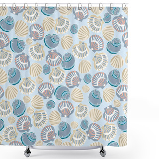 Personality  Nautical Beach Seamless Pattern Theme With Multi Seashells On Sky Blue Background. Shower Curtains