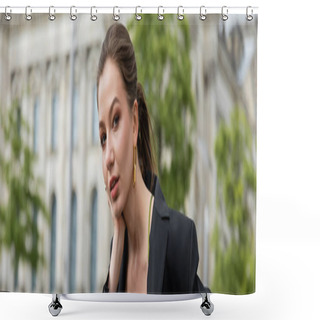 Personality  Stylish Woman In Black Jacket Looking At Camera While Standing On City Street In Berlin, Banner  Shower Curtains