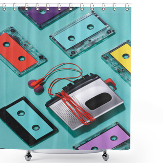 Personality  Flat Lay With Colorful Retro Audio Cassettes, Cassette Player And Earphones Isolated On Blue Shower Curtains