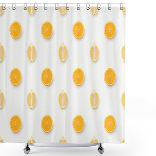 Personality  Top View Of Orange Slices And Lemons Halves On White Background Shower Curtains