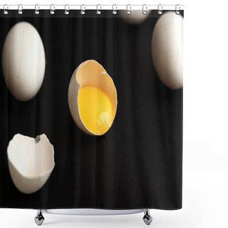 Personality  White Eggs Lie Scattered On A Black Background. One Egg Is Broken And The Yolk Is Visible. Minimalistic Design And Color Trend 2020. Top View. Shower Curtains