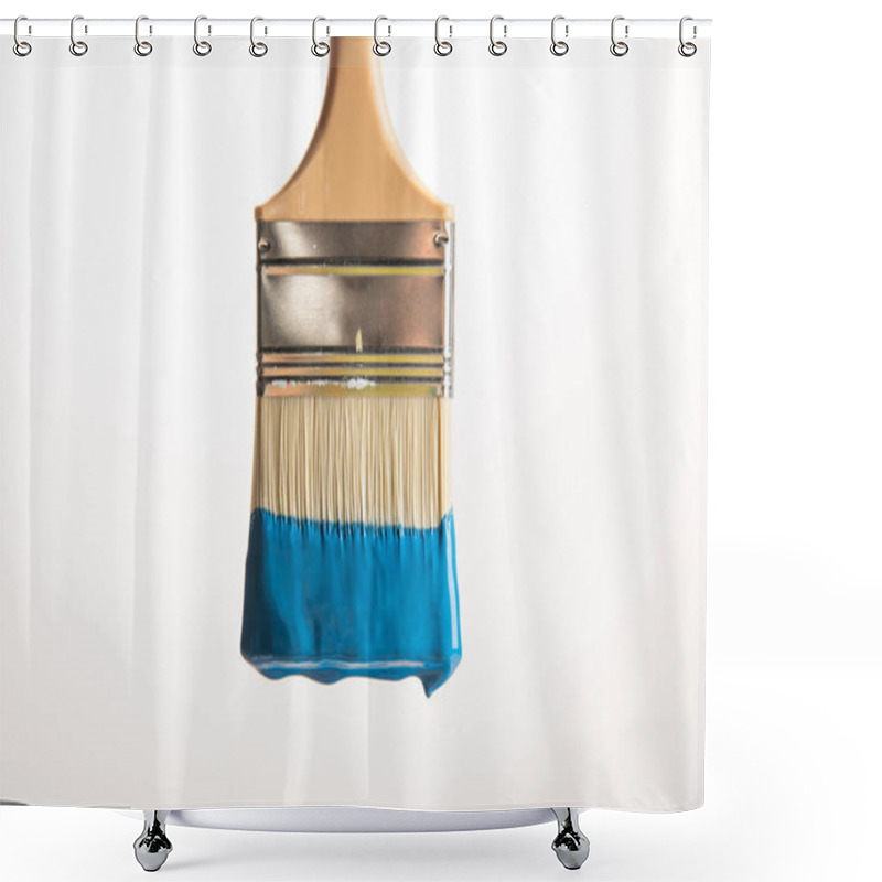Personality  wooden brush with blue paint isolated on white shower curtains