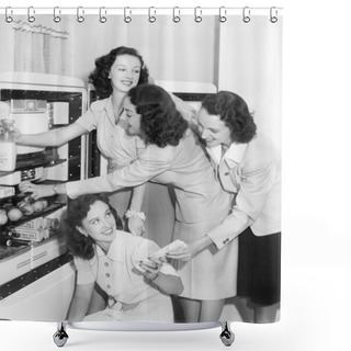 Personality  Four Women Taking Things From A Refrigerator Shower Curtains